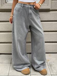 Dazy Plus Full Print Rhinestone Embellished Casual Loose Straight Leg Plus Size Women Jeans, Spring/Summer - Grey - View 6