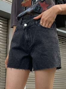 DAZY Rhinestone Decor Frayed Hem Loose Casual Denim Shorts For Summer - Black - View 3