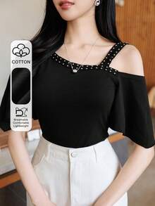 DAZY Women's Summer Asymmetrical Shoulder Design Rivet Decor Fitted Casual Elegant Pullover T-Shirt - Black - View 1