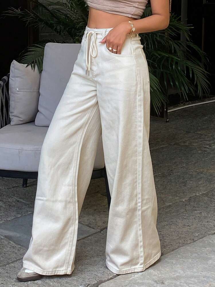 Women's Drawstring Waist Loose Straight Leg Casual White Jeans