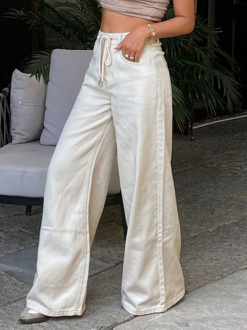 Women's Drawstring Waist Loose Straight Leg Casual White Jeans