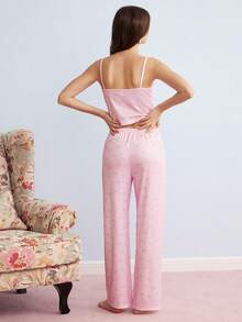 Elorette Women's Sleepwear Set, Pink Bow Print, Lace Trim V-Neck Camisole And Long Pants - Pink - View 6