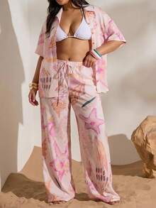 SHEIN PETITE CURVE 大码休闲假日海星贝壳印花裤 - 淺粉色 - 查看 5