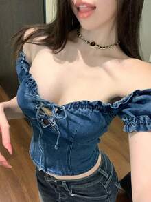 Joudiya 女士露肩系带短款上衣，休闲优雅，适合约会、婚礼、度假、海滩、春夏穿着。 - 中等水洗藍 - 查看 5