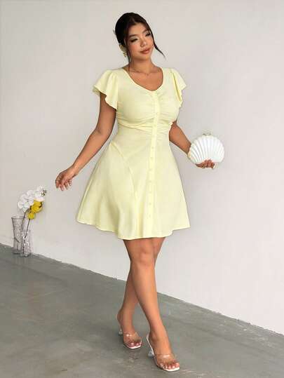 Firerie Plus Size Women's Casual Minimalist Single-Breasted Design Large Scoop Neck Ruffle Sleeve Dress