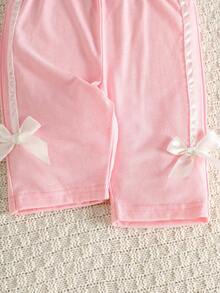 SHEIN Newborn Baby Girl Pink Fashion Set Short Sleeve Top With 3D Bow Decor Pants Cute Outfit For 0-9 M Babies - Pink - View 7