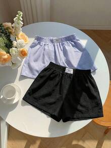 Comfortcana 2pcs/Set Celana Pendek Longgar Kasual Musim Panas Wanita, Set Lilitan Tali Serut Hitam dan Pita Linen, Cocok untuk Liburan Pantai, Sangat Pendek - MultiWarna - View 3