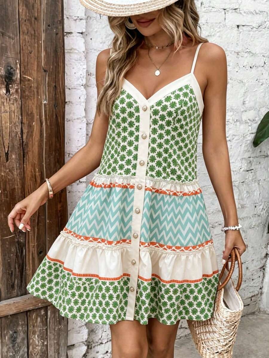 SHEIN Holidaya Women's New Elegant Boho Sexy Dress, Suitable For Office, Casual, Beach, Commute, Romantic Party, Birthday, Concert, Valentine's Day, Carnival, Beige - Green - View 1