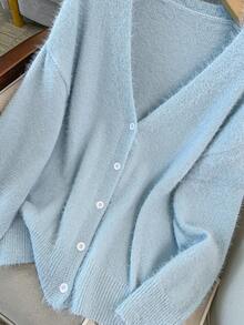 GlowEve CURVE Plus Size Casual V-Neck Long Sleeve Cardigan - Blue - View 6