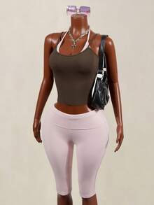 Mistrie Women's Summer Sports Casual 2 In 1 Halter Neck Tank Top And Knee Length Shorts Set - Pink - View 6