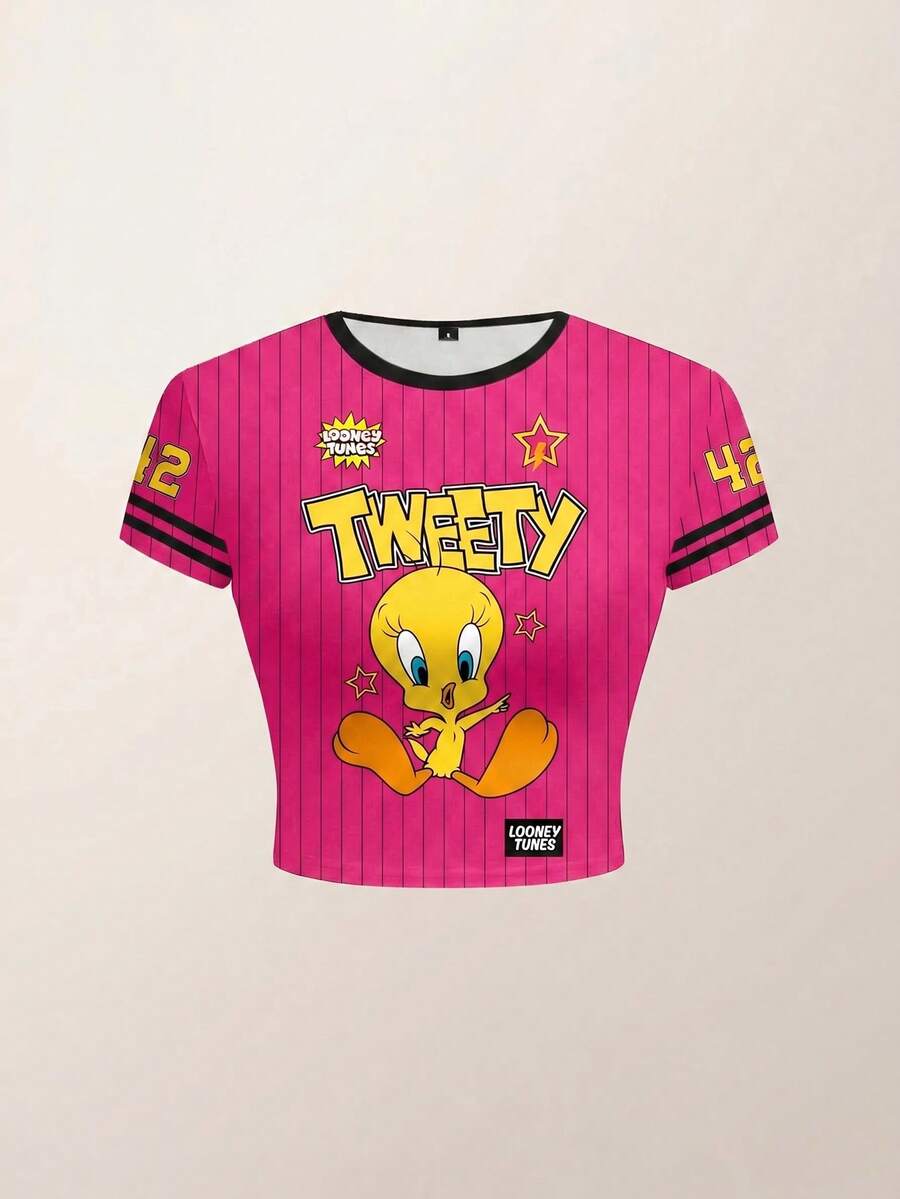 LOONEY TUNES X SHEIN 女士短袖修身T恤 - 白色 - 查看 1