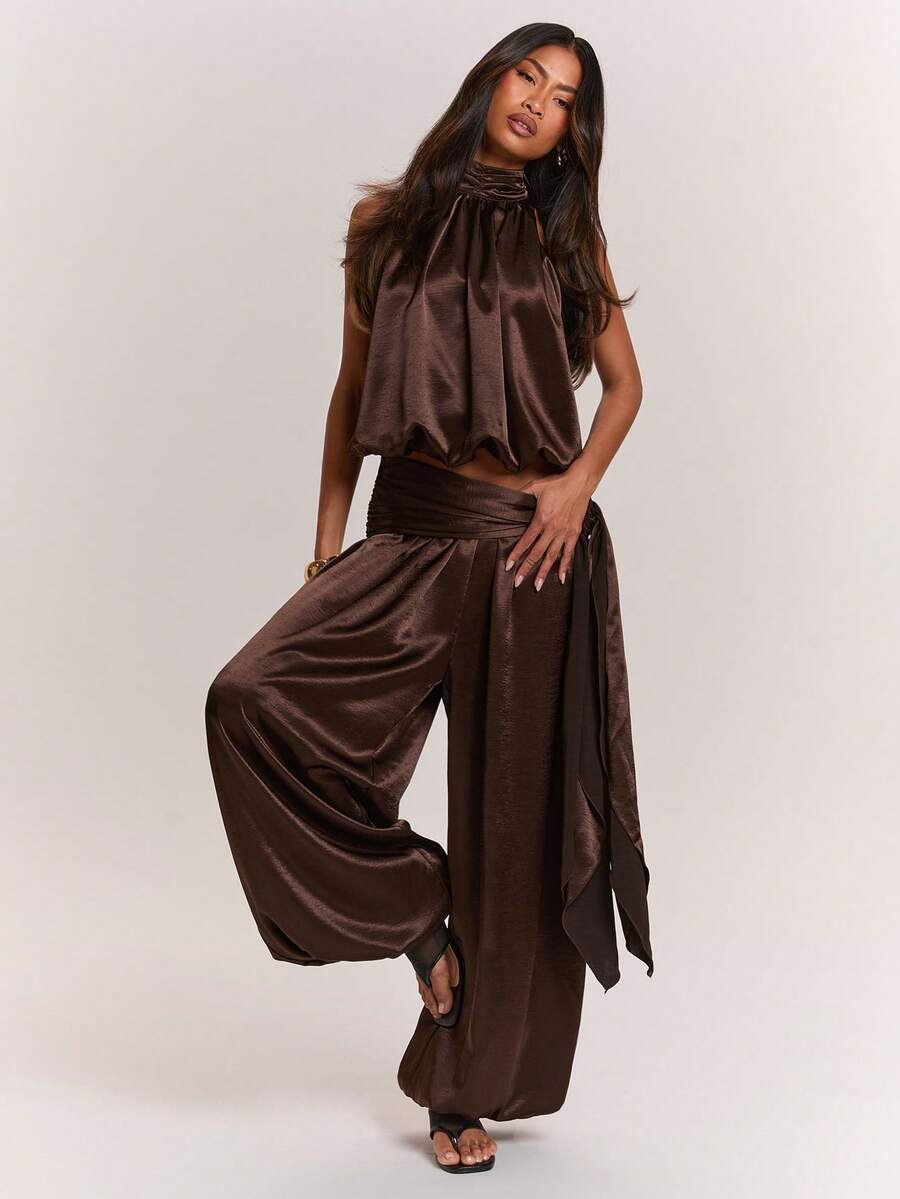 SHEIN BAE Women's Solid Color Halter Neck Casual Versatile Daily Outing Top - Brown - View 1