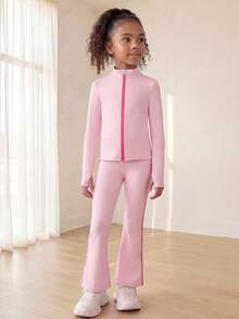 SHEIN Young Girls' Baby Pink Active Jacket Pants Set Side Contrast Color Design With Contrast Zipper High-Stretch Soft Fabric For Cycling Jogging Autumn - Pink - View 6