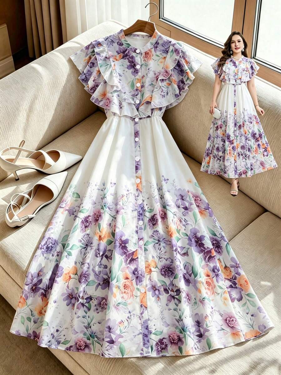 Seusyu 大码女式印花褶皱休闲派对连衣裙 - 彩色 - 查看 1