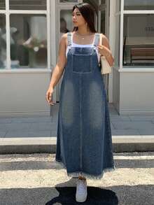 Dazy Plus Dark Wash Distressed Denim Pinafore Maxi A-Line Dress, All Season - Medium Wash - View 5