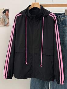 SHEIN EZwear 大尺碼女款側條紋長袖前拉鍊抽繩連帽夾克 - 黑色 - 查看 1