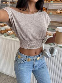 FavEase Women's Spring/Summer Knitted Asymmetrical Shoulder Khaki Short Sleeve Cinched Waist T-Shirt, Comfortable Casual Versatile Daily Wear Summer Asymmetric Shoulder T-Shirt - Khaki - View 3