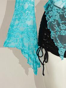SHEIN ICON Y2k 女款西式鄉村音樂會波希米亞嬉皮哥德風透視酒紅色性感蕾絲扭轉前襟長袖開襟衫 - 藍色 - 查看 8