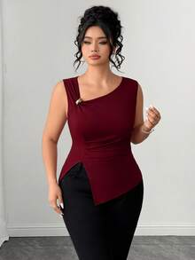 SHEIN Clasi Plus Size Women's Fashion Elegant Solid Color Asymmetric Shoulder Strap Tank Top Office Burgundy Summer - Burgundy - View 3