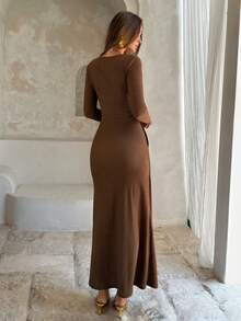 Firerie Women's Solid Color Ruched Halter Casual Daily Vacation Date Outing Long Sleeve Dress Autumn Outfits Beach Boho Tropical Clothe Shades Of Brown Beaded - Brown - View 10
