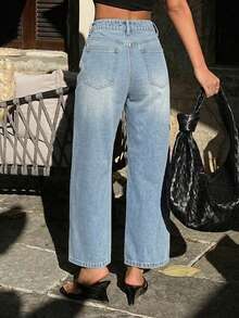 Jeans casuales de pierna recta y tobilleros para mujer - Celeste - Ver 2