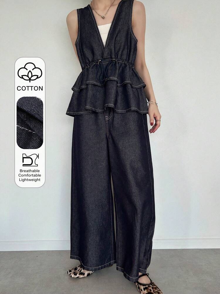 Women's V-Neck Cinched Waist Vest Top And Straight Leg Jeans Vacation Outfit