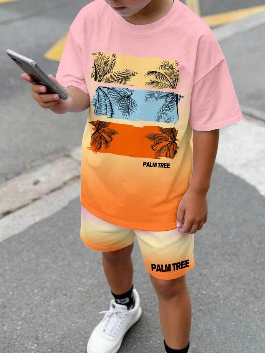兒童青少年男孩休閒熱帶風舒適時尚極簡圓領短袖T恤與短褲套裝,經典漸層圖案印花粉色 - 彩色 - 查看 1