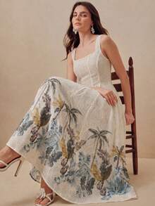 Anewsta Summer New Arrival Vacation Style Tropical Floral Print Camisole Waist Flared Dress, Versatile - Apricot - View 2