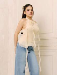 Criza Taa 復古 3D 花朵設計掛脖修身上衣，附飄逸緞帶，杏色休閒夏季款 - 杏色 - 查看 6
