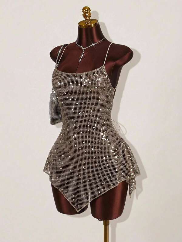 SHEIN ICON Women's Sequin Sexy Date Party Mini Spaghetti Strap Dress