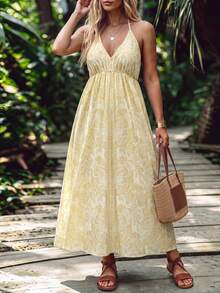 SHEIN LUNE CURVE Plus Size Women's All-Over Print Pleated Casual Boho Party Beach Vacation Halter Neck Tie Dress Yellow Summer - Yellow - View 7