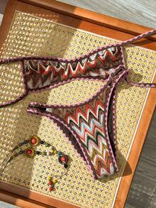 Swim Vcay New Spring Summer Multi-Color Knit Asymmetric Vintage Sexy Tropical Striped Bandeau Adjustable Beach Vacation Women's Swimwear Set Brown - Multicolor - View 4