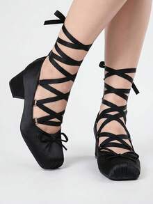 ROMWE Kawaii Minuet Mid Heel Satin Bowknot Ballet French Style Square Toe - Black - View 5