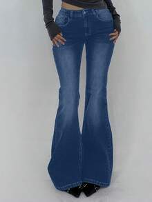 DAZY Distressed Wash Slim Fit Flare Leg Jeans With Pockets For Women Back-To-School Everyday Graduation Blue Summer 2000s Casual - Medium Wash - View 9