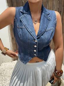 Dazy Plus Plus Size Denim Washed Cropped Sleeveless Vest Top Blogger Style For Spring Summer Holiday Navy Blue - Medium Wash - View 5