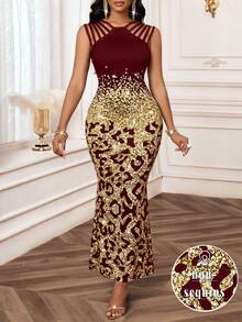 SHEIN Lady 2025 New Women's Elegant Leopard Print Fishtail Hem Burgundy Dress, Summer,Cheetah Print - Burgundy - View 3