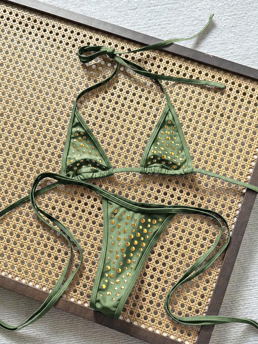 Swim Vcay 2件組 春夏海灘度假紋理面料掛脖三角比基尼上衣與側綁丁字褲性感比基尼套裝 - 軍綠色 - 查看 1