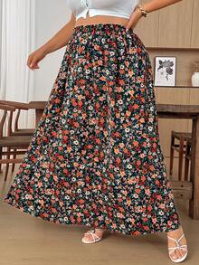 SHEIN CURVE+ Summer Pink Dense Print Full Skirt Cool Comfortable Plus Size Skirt - Multicolor - View 9