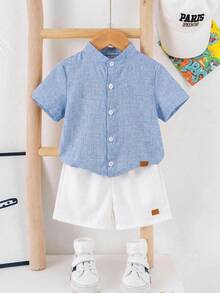SHEIN 2件/套 青少年男童休閒舒適百搭條紋小立領短袖襯衫與短褲套裝 - 彩色 - 查看 5
