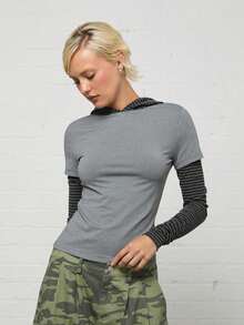 COUREZ Top ajusté à capuche superposé/Vêtements d'été Y2K Tenue d'été pour femmes Tenues de sortie Hauts d'été Hauts de sortie Hauts mignons Hauts pour femmes - Gris foncé - Voir 2