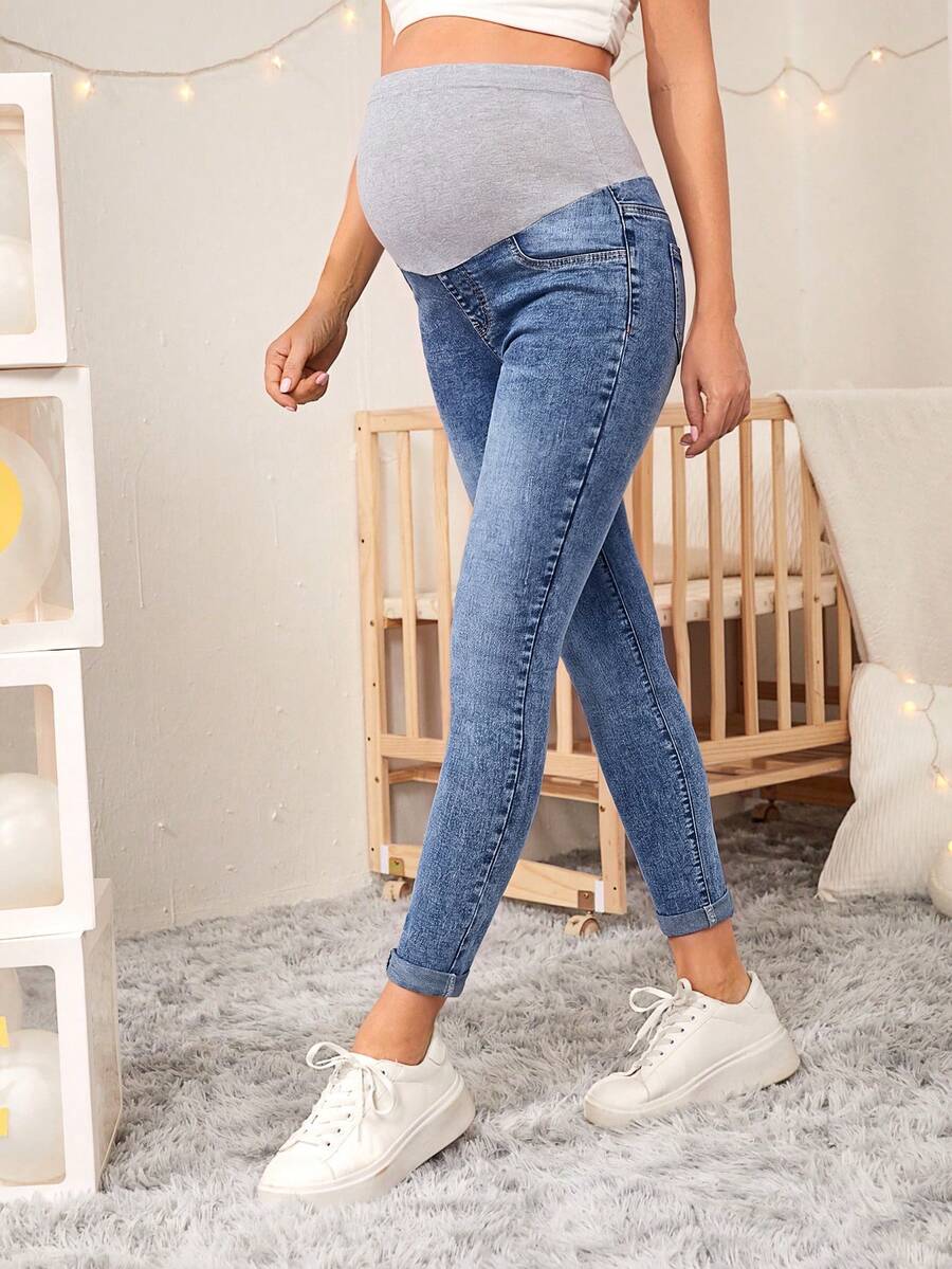 SHEIN Maternity High Waist Skinny Casual Versatile Denim Long Pants - Light Wash - View 1