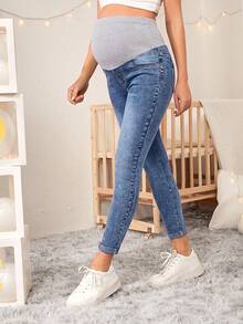 SHEIN Maternity High Waist Skinny Casual Versatile Denim Long Pants - Light Wash - View 3
