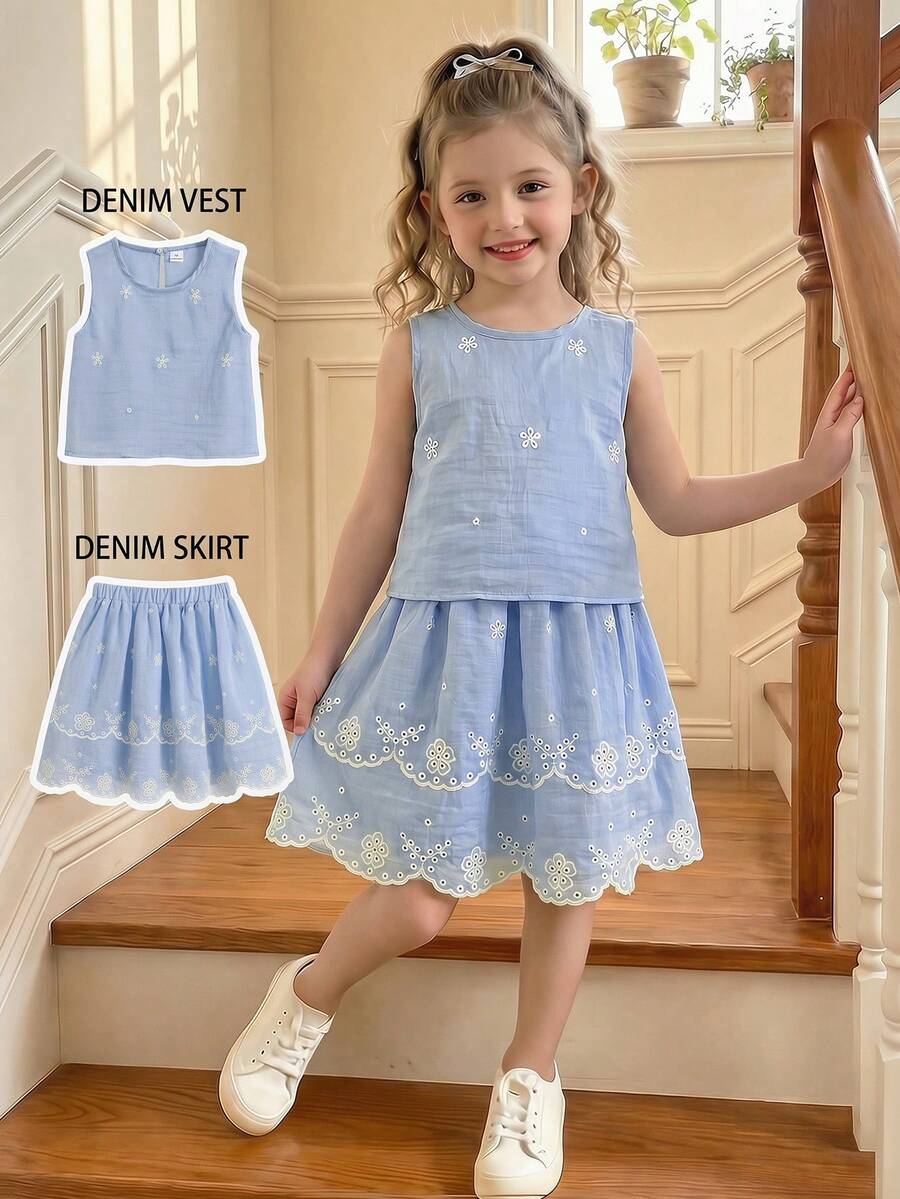 SHEIN Vintaside Kids 女童柔软透气无袖上衣，饰以白色花卉刺绣，搭配荷叶边蕾丝裙两件套，宽松版型，适合春夏休闲外出、公园、野餐、商场等场合穿着。