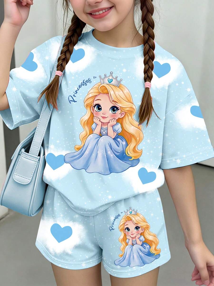 SHEIN Conjunto de 2 piezas de camiseta de manga corta casual y cómoda con estampado de corazón para niñas jóvenes, moda creativa para verano & otoño, uso diario - Multicolor - Ver 1