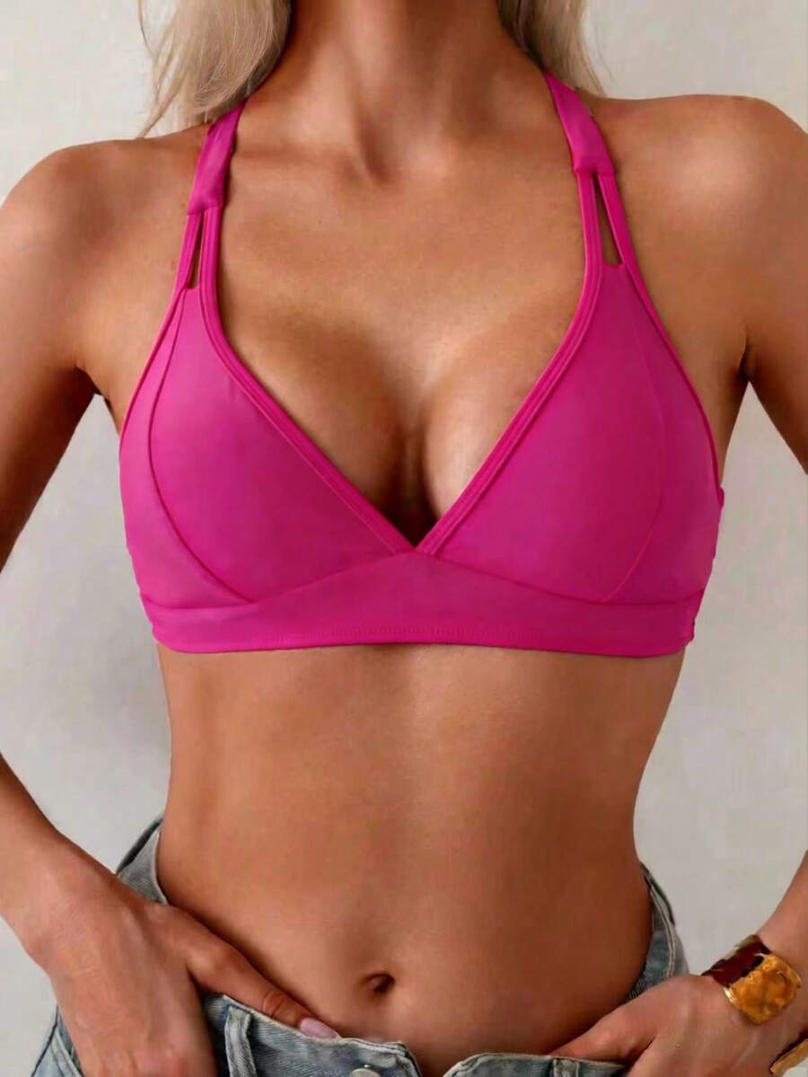 SHEIN Swim 女款素色交叉後綁帶極簡休閒比基尼上衣 - 中紫紅色 - 查看 1