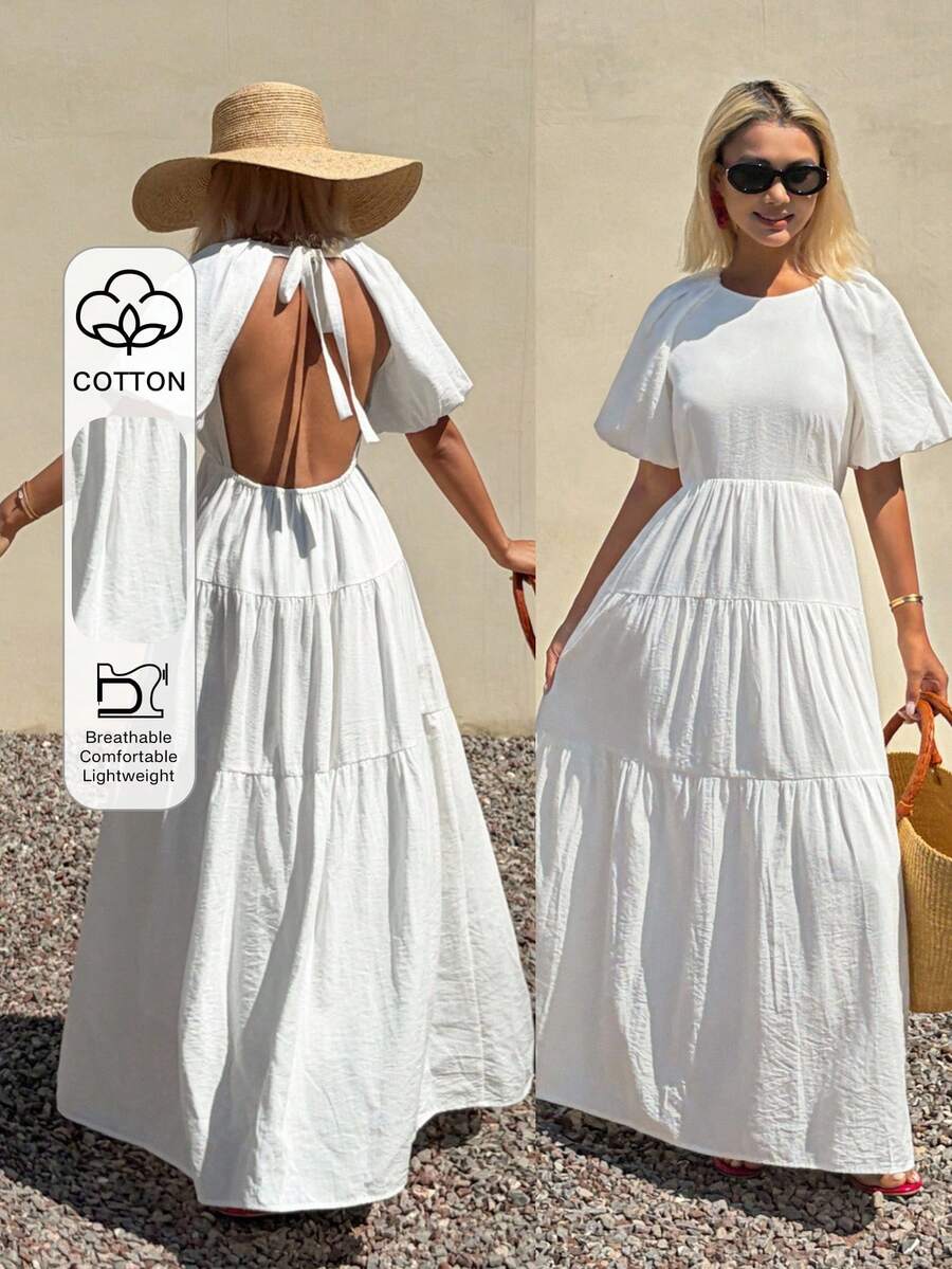 Livesso Summer White Bohemian Tropical Boho Casual Vacation Minimalist Backless Beach Elegant Commute Loose Large Hem Women's Mid-Length Dress Sundress - White - View 1