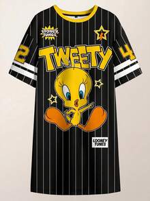 LOONEY TUNES X SHEIN 大码女式休闲圆领条纹字母卡通印花夏季连衣裙 - 白色 - 查看 1