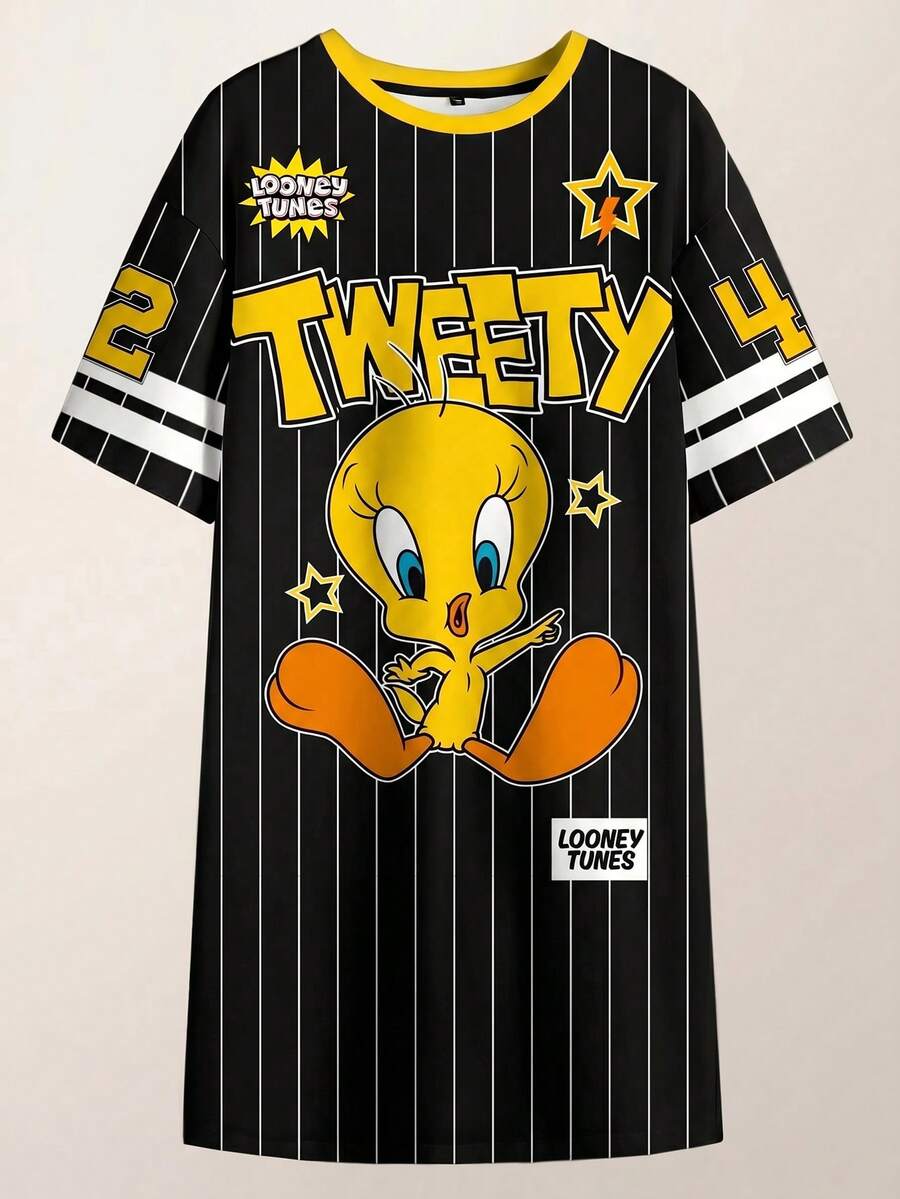 LOONEY TUNES X SHEIN 大码女式休闲圆领条纹字母卡通印花夏季连衣裙 - 白色 - 查看 1