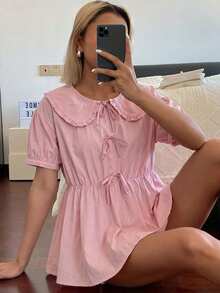 DAZY 女款圓領蝴蝶結寬鬆版型夏季襯衫 - 粉色 - 查看 5