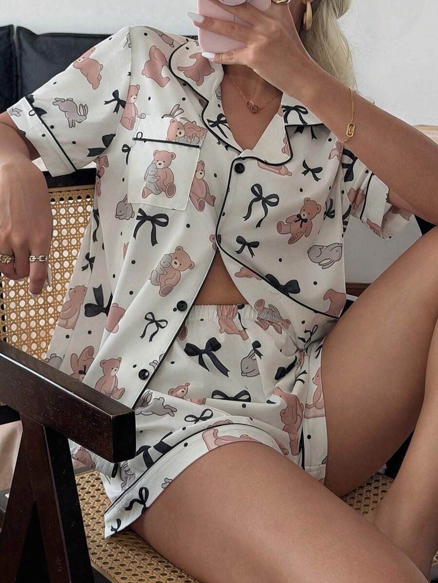 Napfluff Conjunto de pijama para mujer con estampado de conejo & oso, lunares, lazo, doble solapa y decoración de botones - Multicolor - Ver 1